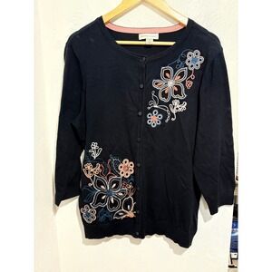 Christopher & Banks Navy Blue Floral Embroidered‎ Cardigan